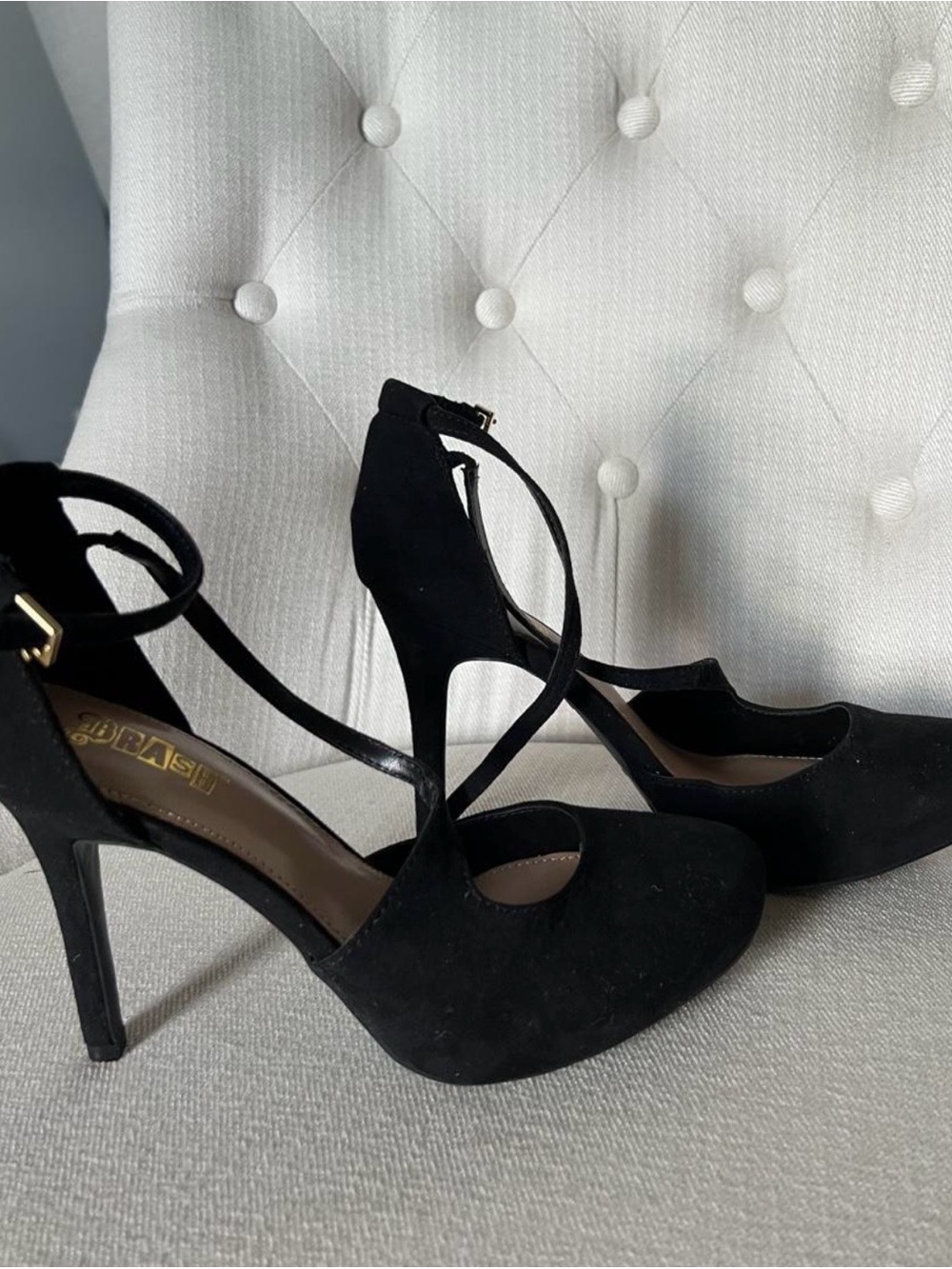 Brash Black Suede Crisscross Ankle Strap Heels